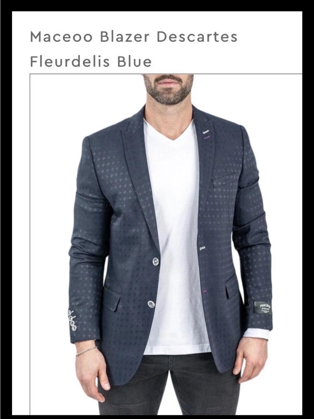 NWT Maceoo Blazer Descartes Fleurdelis Blue Navy Skull Patterned 44 Sport  Coat